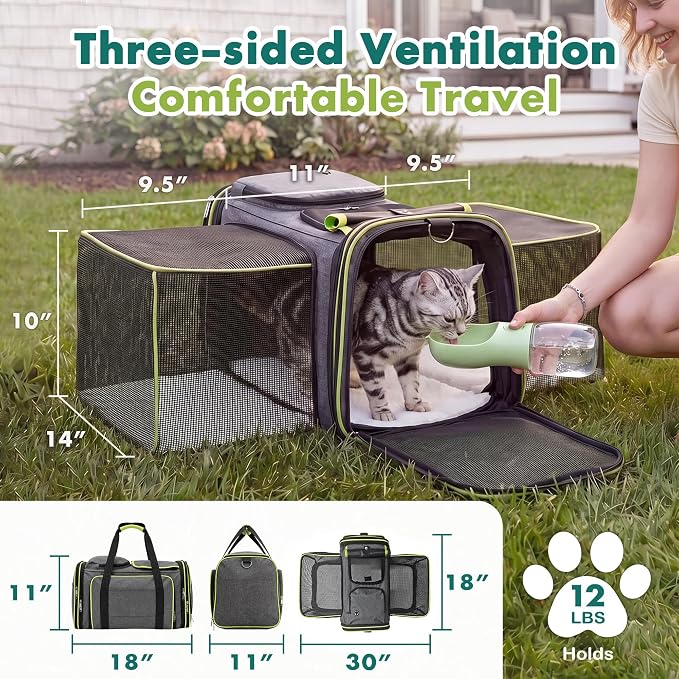 Large Expandable Cat Carrier, Airline Approved with Ventilated Top Side Panels, Durable Chew-Resistant 600D Fabric, for Cats and Small Dogs, Car Airplane Travel, Green