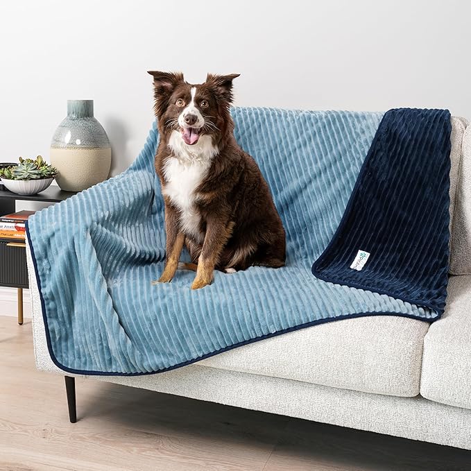 PetAmi Waterproof Dog Blanket, Leakproof Pet Blanket for Small Medium Large Dogs, Reversible Furniture Bed Sofa Couch Cover Protector, Plush Striped Pet Throw for Indoor Cat, 29x40 in, Navy Blue
