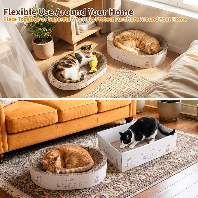 PatiencET 3-in-1 Cat Scratcher Cardboard Set for Indoor Cats | Cat Lounge Box with Wide & Slim Oval Cat Beds, Corrugated Cat Scratching Board for Furniture Protection, Rest & Play