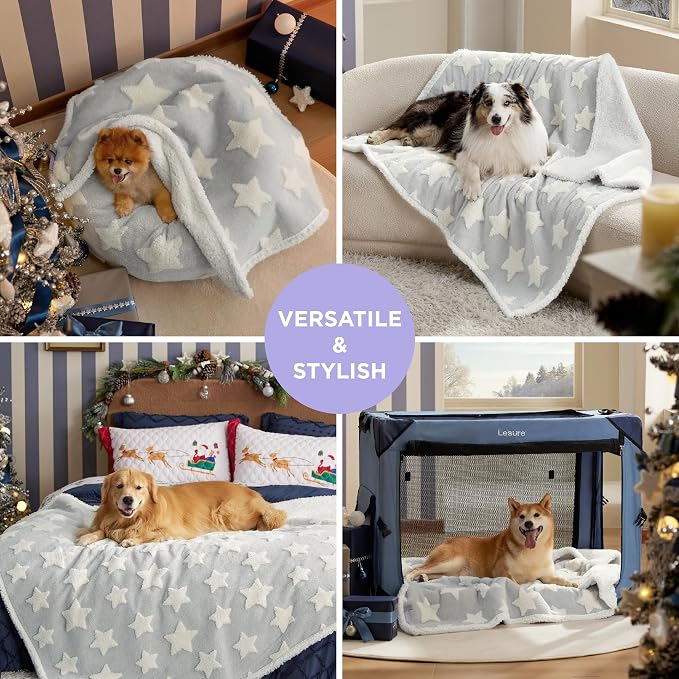 LE SURE Waterproof Dog Blankets for Medium Dogs Cute 3D Jacquard,30x40 | Puppy Blanket for Cat Aesthetic Gift, Warm Soft Sherpa Throw Washable, Reversible Pet Couch Protector, Galaxy Grey