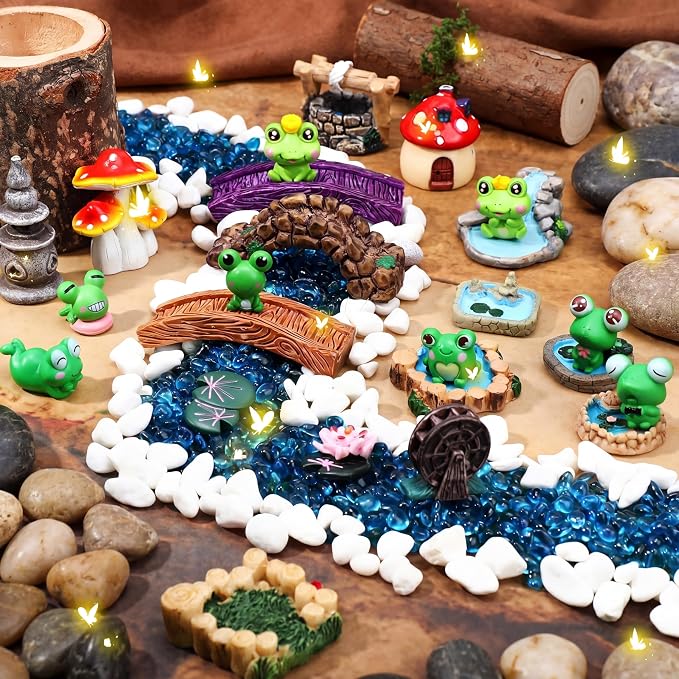24 Pcs Mini Resin Frog Figures Miniature Fairy Garden Accessories Mushroom Pond Bridge Lighthouse Figures Water Well Fake Lawn Figurines Decoration for DIY Craft Plant Pot Garden Decor