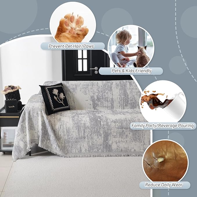MYSKY HOME Sectional Couch Cover Sofa Covers for Sectional Sofa L Shape Chenille Couch Protector Grey Geometric for Dogs Pets Couch Throw Cover Washable Durable for Home Decor, 91" X134"