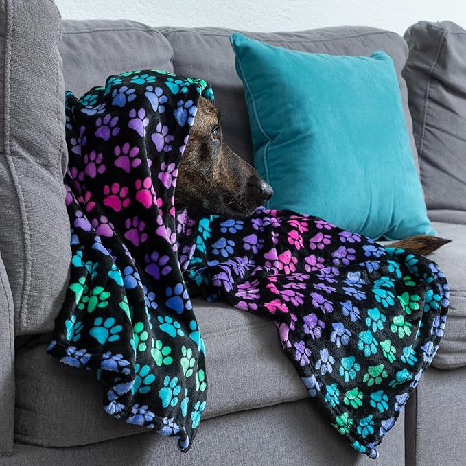 Pet Dog Cat Blanket Ultra Soft Cozy Fleece Paw Print Design Machine Washable Durable for Crates Beds Sofas Travel (Rainbow Paws, Large)