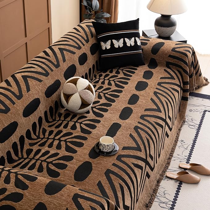 VClife Couch Cover Bohemian Morroccan Sofa Cover Washable Sofa Slipcover for 3 Cushion Couch Sofa Non Slip Soft Chenille Furniture Protector Modern Brown Black Slip Cover for Couch 71''x134''