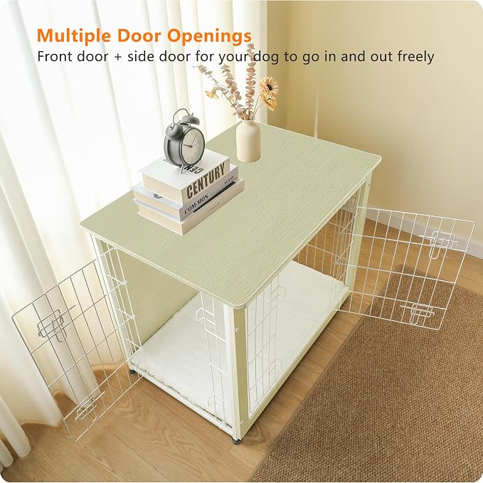 DWANTON Dog Crate Furniture with Cushion, Wooden Kennel Table with Double Doors, Indoor Dog House, Medium Size, 32.5" L, White Oak