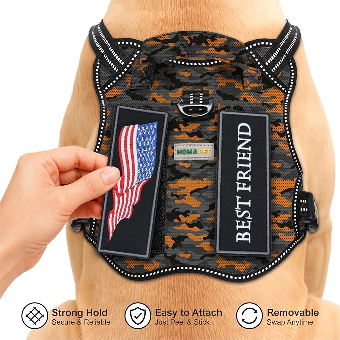 Homapet. Tactical Dog Harness with Dual Leash Attachment Points, Adjustable and Reflective Military Grade Dog Vest with Comfort Control Handle (ORNG BLK CAMO-S)