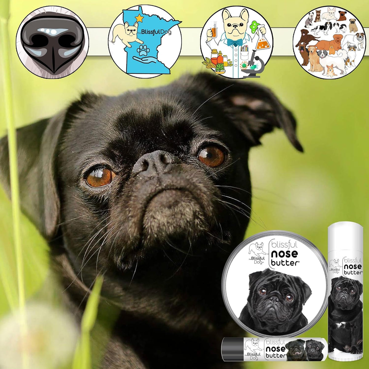 The Blissful Dog Black Pug Unscented Nose Butter, 2-Ounce