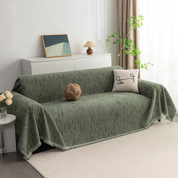 MYSKY HOME Boho Couch Cover Moss Green Sofa Covers with Tassel Farmhouse Sofa Slipcover Simple Couch Protector for Dogs Chenille Sectional Couch Covers L Shaped Couch Cushion Covers, 91"x 134"