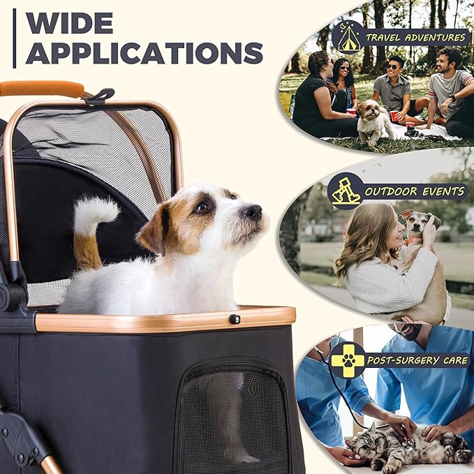 Dog Stroller for Small Dogs, Lightweight Pet Stroller for 2 Cats Dogs with 6 Shock Absorption System, Detachable Carrier Suitable for Car Seat & Hand Carry, Safe Outings, Black