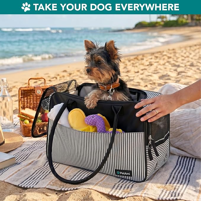 PetAmi Dog Purse Carrier for Small Dogs Cats, TSA Airline Approved Soft-Sided Pet Carrier with Pockets, Ventilated Travel Tote Bag with Bed & Shoulder Strap, Puppy Kitten, Max 12 lbs, Stripe Black