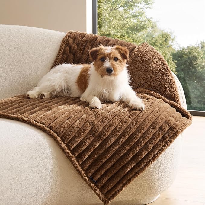 Bedsure ComfyFleece™ Waterproof Dog Blankets for Medium Dogs 30"x40" | Soft Plush Puppy Cat Blanket, Washable Corduroy Fleece,Cozy Calming Reversible Furniture Protector for Pet, Camel Brown