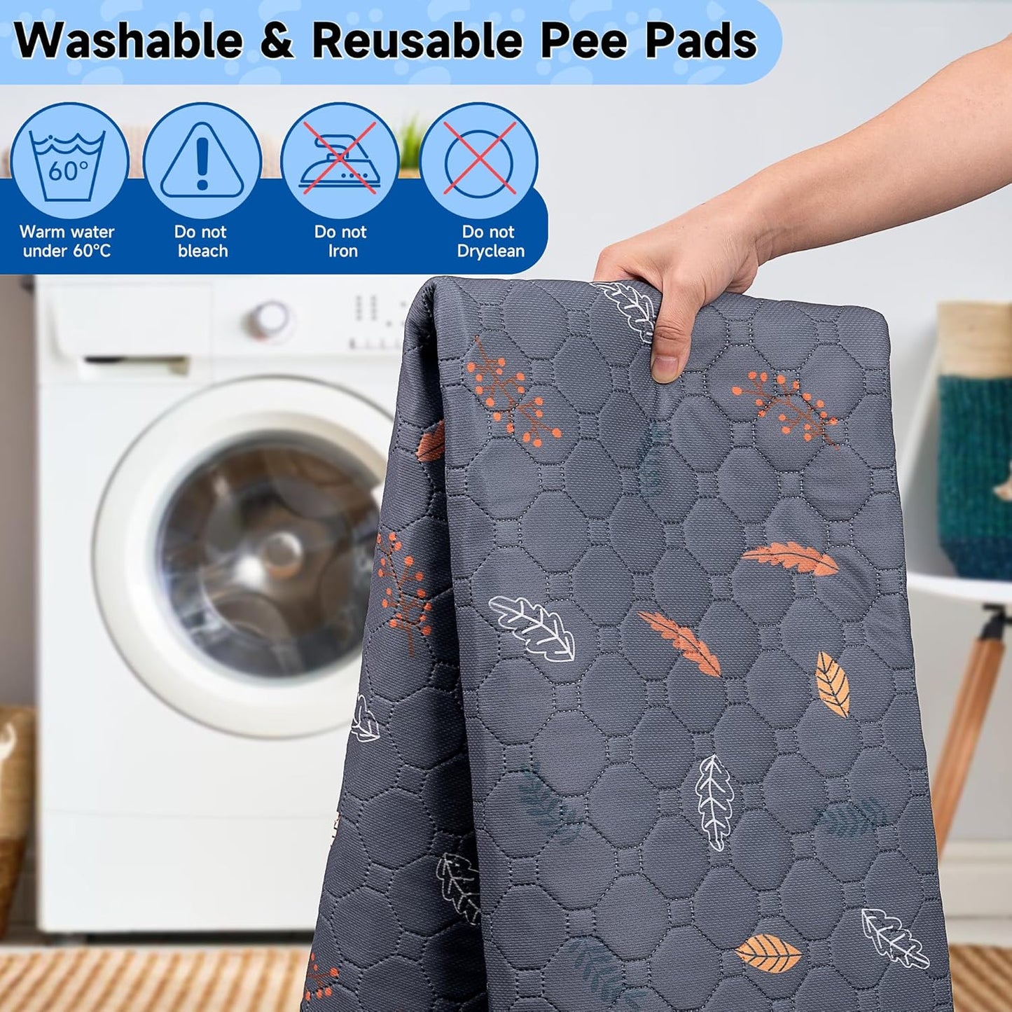 Sunheir Washable Pee Pads for Dogs 2-Pack Reusable Puppy Pads Pet Training Pads, Waterproof Dog Pee Pads for Crate, Whelping Pad, Non-Slip Protects Against Urine Leakage (Leaves - Deep Grey, 31x36)