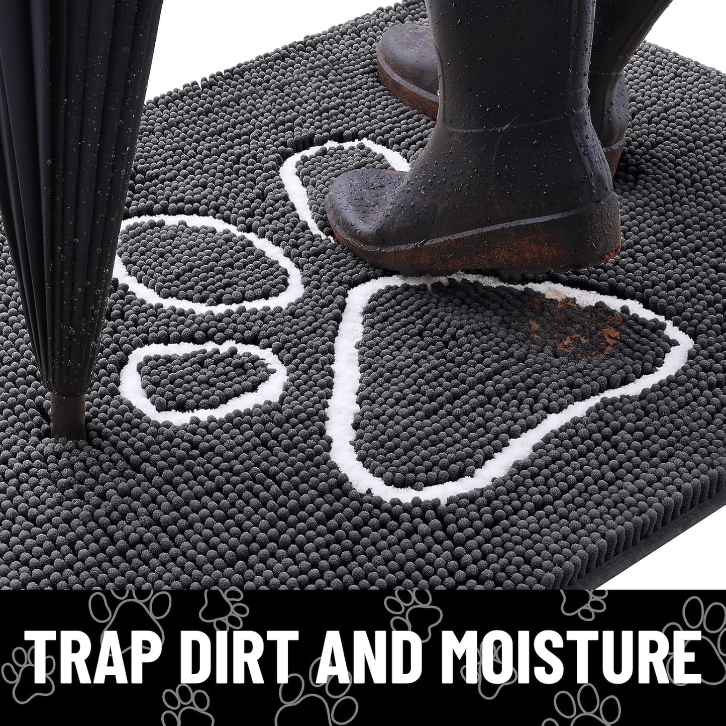 Smiry Dog Door Mat for Muddy Paws, Absorbent Dirt Trapper Non Slip Quick Dry Washable Chenille Mat for Mud Dogs, Entry Rug for Indoor and Outdoor (71x46 Inches, Dark Grey and White)