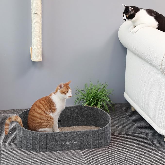 FUKUMARU Cat Scratcher, 24 Inch Sofa Shape Cat Scratching Bed Couch Indoor | Oval Felt Cat Scratcher Bed with Reversible Detachable Cat Scratching Boards, Round Cats Scratch Pads Refill, Dark Grey