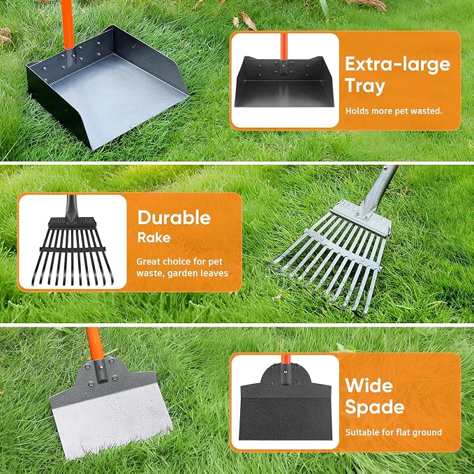 Pooper Scooper for Large Dogs, Poop Scoop with Long Handle Tray, Spade,Rake | Extra Larger Metal Bin, Heavy Duty Aluminum Poop Picker,No Bending,Rust Proof,Use on Grass, Dirt, Gravel, Perfect for Seniors