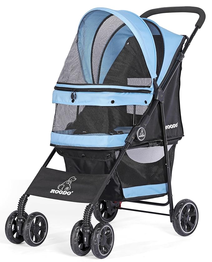 ROODO 4 Wheel Dog Cat Pet Stroller Best Lightweight Foldable Compact Portable Jogger All Terrain Travel Pet Gear Puppy Doggie Bunny Kitty Stroller for up to 30lbs Medium Small Dogs Cats(Sky Blue)