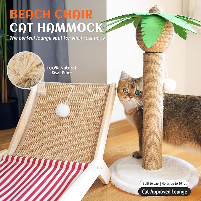 PETKARAY Beach Chair Cat Hammock, Elevated Cat Beds for Indoor Cats, Original Cozy Lounger with Sisal Scratcher and Toy Ball