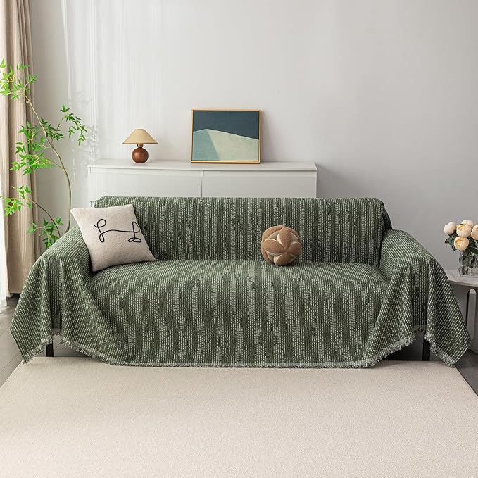 MYSKY HOME Loveseat Cover Moss Green Couch Cover Sectional Couch Covers for 2 Cushion Couch Sofa Thick Universal Chenille Sofa Cover with Tassel Durable Furniture Protector for Dogs 91" x 118"