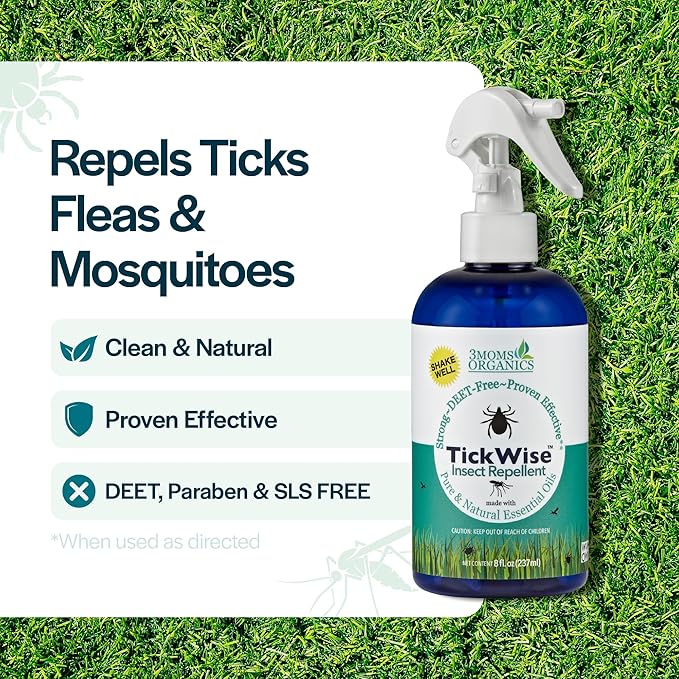 3 Moms Organics TickWise 8oz, Made with All Natural Essential Oils, DEET-Free, Tick and Insect Repellent, Plant Based Essential Oils, All Natural Ingredients Great for Adults, Kids, Dogs & Horses