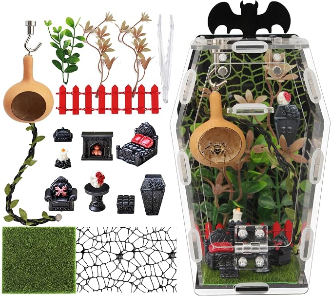 19Pcs Acrylic Spider Enclosure Kit with Magnetic Lock | Gothic Coffin Design, 3mm Acrylic, Magnetic Feeding, Mini Furniture 9Pcs, Spider Enclosure, DIY Kit