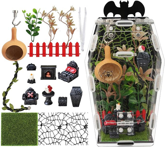 19Pcs Acrylic Spider Enclosure Kit with Magnetic Lock | Gothic Coffin Design, 3mm Acrylic, Magnetic Feeding, Mini Furniture 9Pcs, Spider Enclosure, DIY Kit