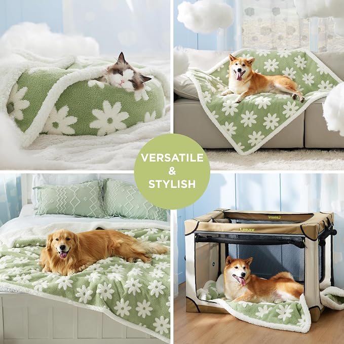 LE SURE Waterproof Dog Blankets for Large Dogs Cute Cozy 3D Jacquard,50x60 | Warm Soft Pet Blanket for Senior Dogs Aesthetic Gift, Washable Sherpa Throw, Reversible Couch Protector, Flower Garden Green