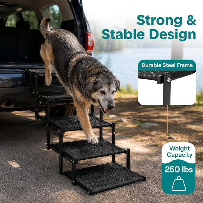 Dog Stairs for Car - Foldable Dog Steps for Large Dogs with Non-Slip Surface & Extra Wide Design, Pet Ramp for SUVs & Trucks, Portable Metal Frame Supports Up to 250 lbs (5 Steps)