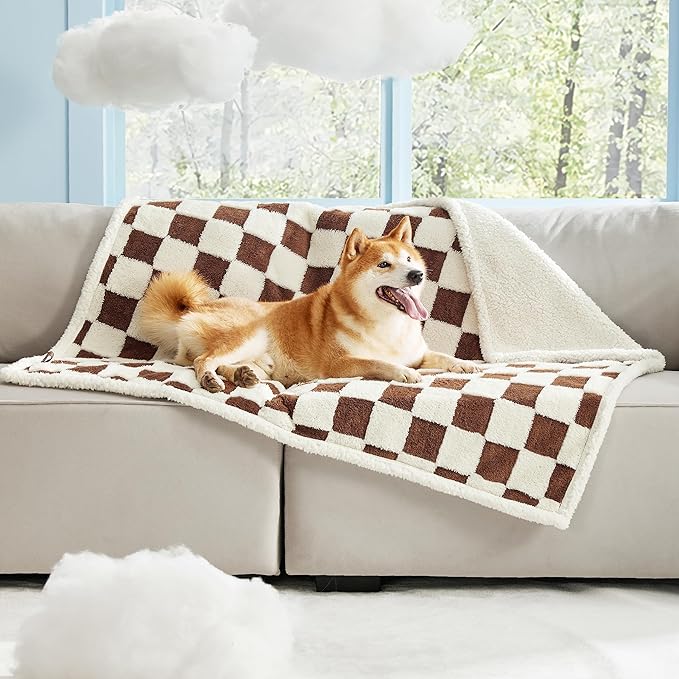 LE SURE Waterproof Dog Blankets for Large Dogs Cute Cozy 3D Jacquard,40x50 | Warm Soft Pet Blanket for Senior Dogs Aesthetic Gift, Washable Sherpa Throw, Reversible Couch Protector, Brown Checks