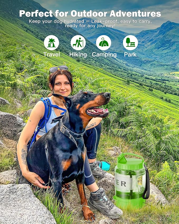 SwSun Dog Water Bottle Travel Bowl - 77oz Large Portable Dog Water Bowls Dispenser for Camping Essentials Hiking Traveling Beach Car Park Accessories, Leak Proof Pet Drinking Bottle Dispenser, Green