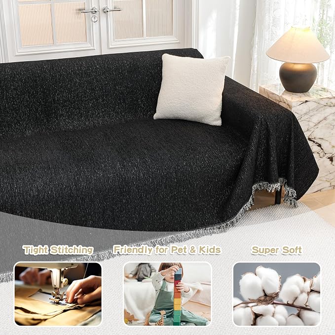 MYSKY HOME Couch Cover for Dogs Washable Couch Covers Couch Covers for Sofa Couch Cover 2 Cushion Sofa Non Slip Dogs Furniture Protector with Tassels Chenille Sofa Covers for Pets, 71"x102", Black