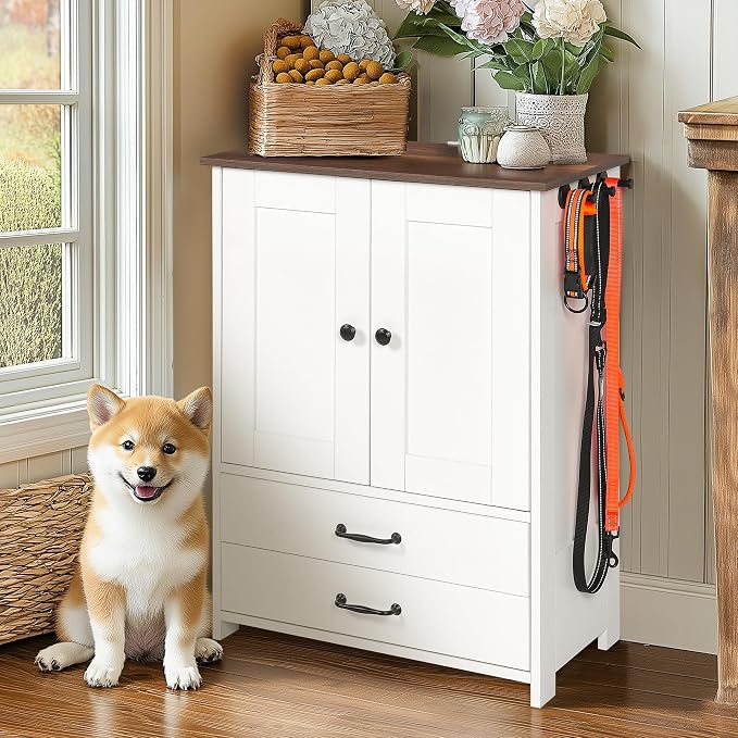 Dog Feeding Station Storage Cabinet: Pet Feeder Container Cabinet with 2 Hidden Raised Dog Bowls Drawers for Feeding & Watering Supplies