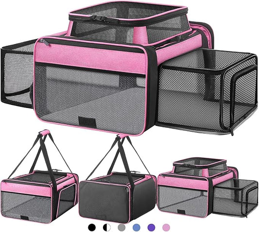 Top and 2 Sides Expandable Cat Carrier 18x13.5x9.5, TSA Airline Approved Dog Carriers for Small Dogs, Soft-Sided Pet Carrier with Self-Locking Zippers for Kitten,Rabbit, Puppy, Guinea Pig Pink