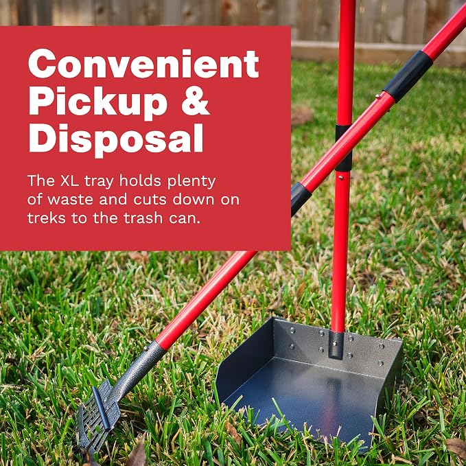 Metal Pooper Scooper for Dogs with Heavy Duty Long Handle Rake & XL Tray | Rustproof Aluminum Poop Scooper for Large Dogs with 9”W 9.5”L Extra Large Tray for Yard, Grass, Dirt & Gravel