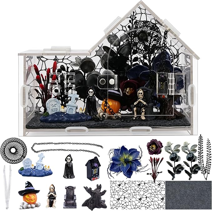 Acrylic Jumping Spider Enclosure Kit 16PCS with Decor | 19-pc gothic decor with dark plants, chain, hideout, for mantis & tarantula