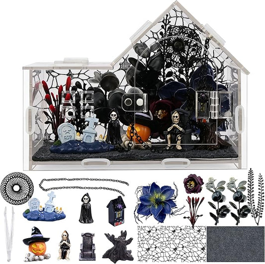 Acrylic Jumping Spider Enclosure Kit 16PCS with Decor | 19-pc gothic decor with dark plants, chain, hideout, for mantis & tarantula