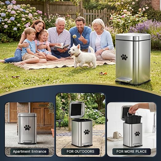 Small Dog Poop Trash Can Outside with Odor Control Lid, 5L/1.3Gal Metal Step Pedal Waste Bin & Removable Inner Bucket, Includes 30 Trash Can Bags, Indoor/Outdoor/Yard Dog Waste Trash Can (Silver)