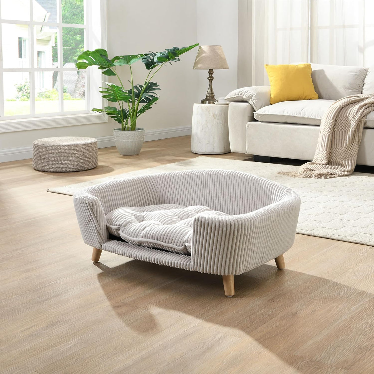 Christopher Knight Home Elroy Orthopedic Dog Bed, Elevated Dog Sofa Bed for Small Dog, Supportive Foam Pet Couch Bed with Wooden Legs, Modern Pet Sofa Bed, Light Beige