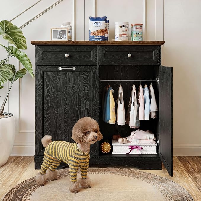 FIMELLO 39.7’’W Dual Doors Dog Food Storage Cabinet, Tilt-Out Dog Feeding Station with 4 Feeding Bowls, Pet Feeder Cabinet, Black Grain