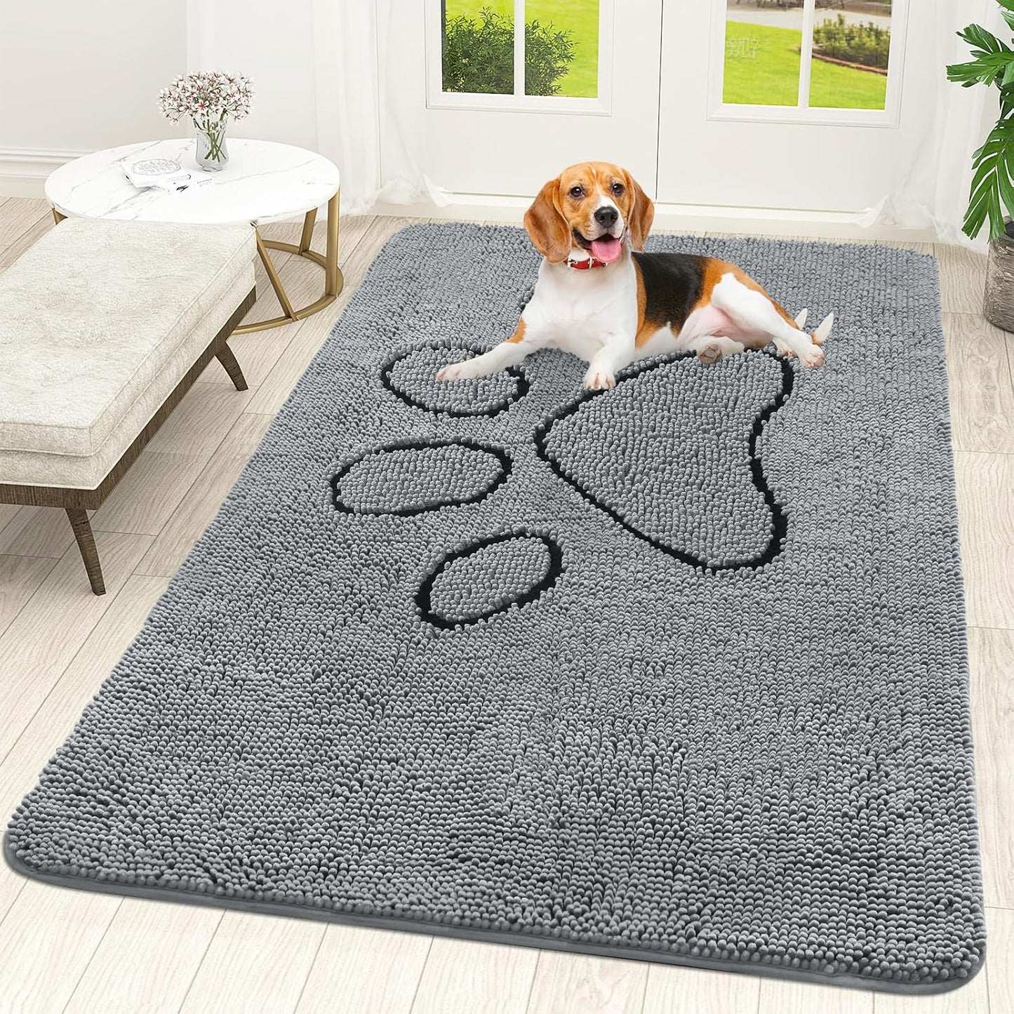 OLANLY Door Mat for Muddy Dog Paws 70x46, Ultra Absorbent Chenille Mud Doormat with Paw Print Design, Non-Slip Washable Doormat for Indoor Entryway, Quick-Dry Pet Bed Mats for Dirty Dogs, Grey