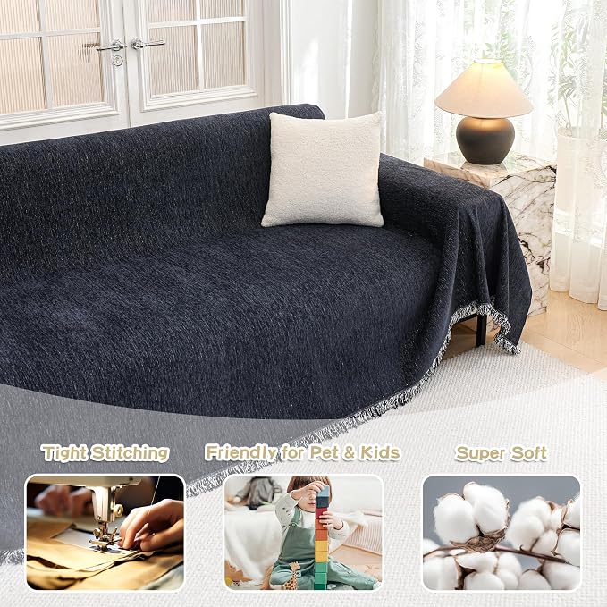 MYSKY HOME Couch Cover for Dogs Washable Couch Covers Couch Covers for Sofa Couch Cover 2 Cushion Sofa Non Slip Dogs Furniture Protector with Tassels Chenille Sofa Covers for Pet, 71"x102", Navy Blue