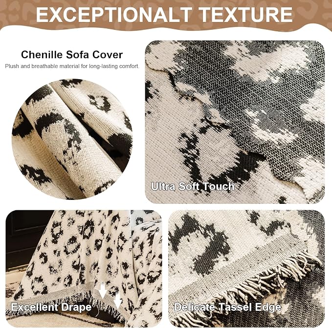 VClife Stylish Animal Leopard Print Couch Cover, Extra Large Furniture Protector for Dog, Breathable Soft Couch Covers for 3 Cushion Couch Sofa, Versatile Home Furniture Protector, Black, 71''x134''