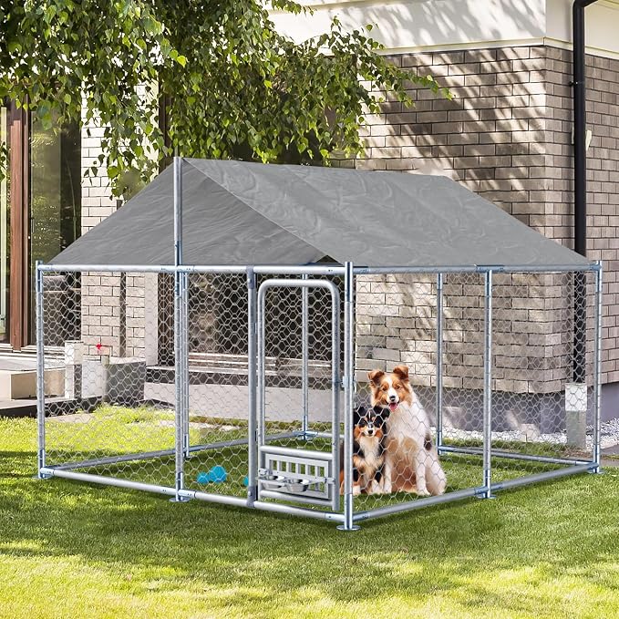 Grepatio 7.5x7.5 FT Outdoor Dog Kennel with Roof, Outside Dog Enclosure with 2 Rotating Feeder Bowls, Dog Kennel Dog Playpen Fence for Large Dogs with Secure Lock (7.5x7.5 FT)