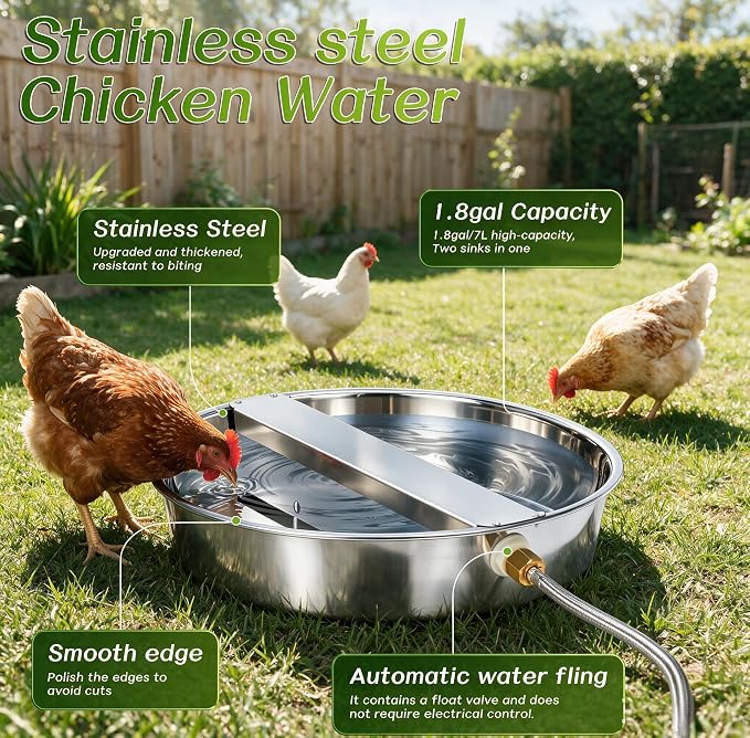 1.8 Gal Automatic Animal Drinking Water Bowl, Wide‑Opening Bowl | Divided Large Water Bowl, Stainless Steel Heavy-Duty, for Dogs Pets Chicken Duck Goat