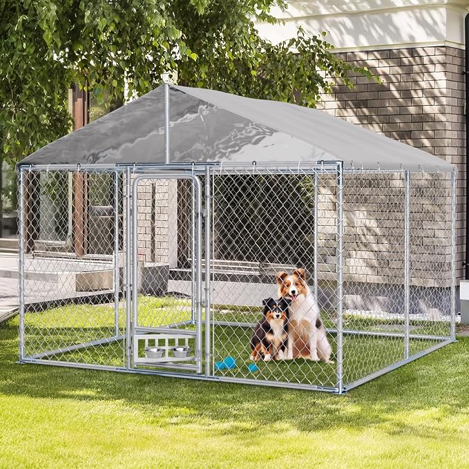 Grepatio 10x10 FT Outdoor Dog Kennel with Roof, Outside Dog Enclosure with 2 Rotating Feeder Bowls, Dog Kennel Dog Playpen Fence for Large Dogs with Secure Lock (10x10 FT)