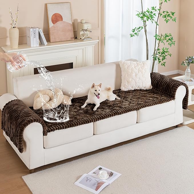 PuTian 100% Waterproof Fuzzy Couch Cover for Dogs Brown 27.6"x27.6" | Pet Friendly Dog Mat for Couch, Waterproof Sofa Protector, Scratch Resistant Furniture Cover for Dogs, Machine Washable