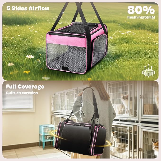 Top and 2 Sides Expandable Pet Carrier 17x11x9.5, TSA Airline Approved Small Dog Carriers for Small Dogs, Soft-Sided Cat Carrier with Self-Locking Zippers for Kitten,Rabbit, Puppy, Guinea Pig Pink