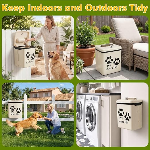 Dog Poop Trash Can Outside - 3.2 Gal Dog Waste Trash Can with Lid, Wall Mounted Dog Poop Bin Removable Dog Waste Container for Outdoor Fence, Patio, Backyard, Counter Top