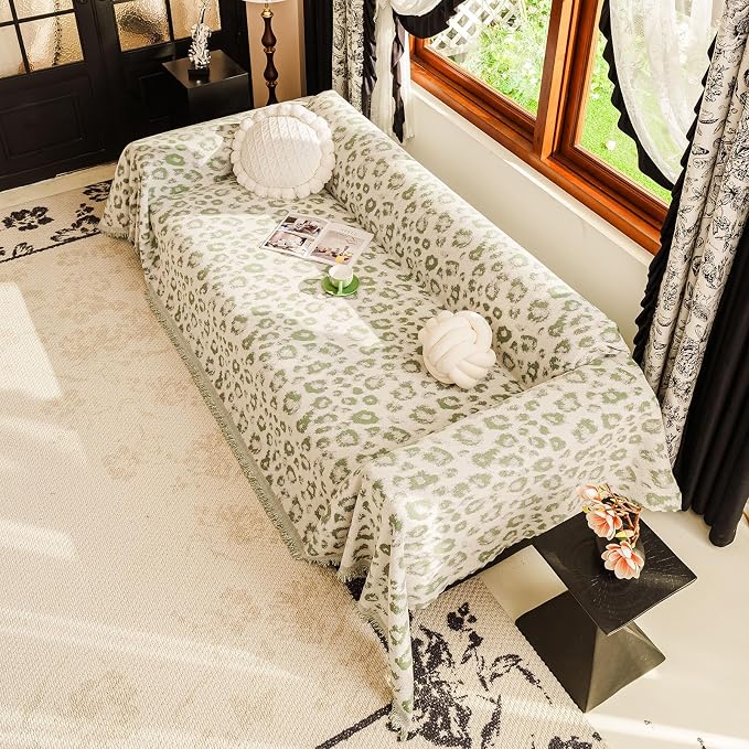VClife Aesthetic Leopard Couch Cover for Dog, Washable Sofa Cover for Oversize Couch, Aesthetic Green Animal Theme Furniture Protector, Comfortable All Season Couch Slip Cover Futon Cover for Sofa