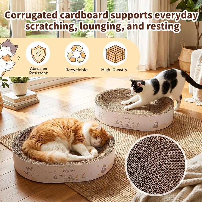 PatiencET 2-in-1 Oval Cat Scratcher Bed, Cardboard Lounger Scratch Bowl | Pad for Indoor Cats and Kittens, Corrugated Kitty Scratching Board, Durable Furniture Protector
