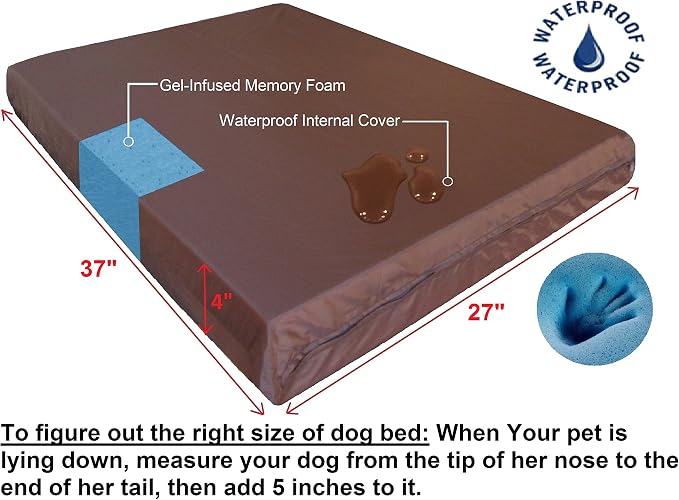 Dogbed4less Waterproof Memory Foam Dog Bed for Medium Dogs with Washable Cover and Extra Pet Bed Case 37X27X4 Inch, Khaki